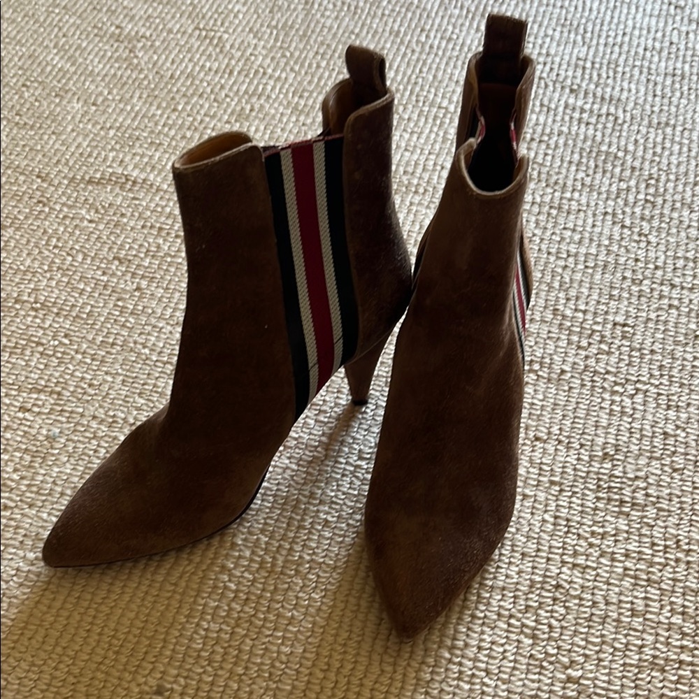 Veronica Beard Brown Suede Ankle Boots with Striped Detail